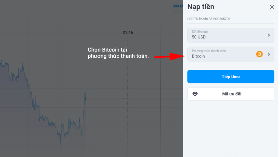 chọn Bitcoin tại phương thức thanh toán